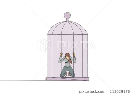 Single continuous line drawing businesswoman trapped in cage kneeling holding iron bars. Framed by business partner. Have to bear all the consequences. Unfair. One line design vector illustration Single continuous line drawing businesswoman trapped in cage kneeling holding iron bars. Framed by business partner. Have to bear all the consequences. Unfair. One line design vector illustration 113629176
