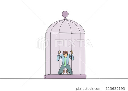 Continuous one line drawing businessman trapped in cage kneeling holding iron bars. Framed by business partner. Have to bear all the consequences. Unfair. Single line draw design vector illustration Continuous one line drawing businessman trapped in cage kneeling holding iron bars. Framed by business partner. Have to bear all the consequences. Unfair. Single line draw design vector illustration 113629193