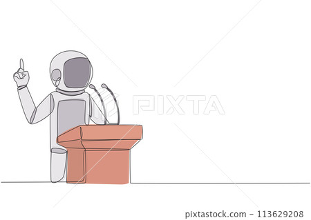 Single continuous line drawing young energetic astronaut speaking at the podium while lifting index finger up. Made a favorable statement for the company. Orator. One line design vector illustration Single continuous line drawing young energetic astronaut speaking at the podium while lifting index finger up. Made a favorable statement for the company. Orator. One line design vector illustration 113629208
