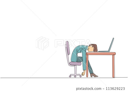 Continuous one line drawing businesswoman fell asleep in front of a laptop computer. Fatigue running a business. Mental health problem. Exhausted, bored. Single line draw design vector illustration 113629223