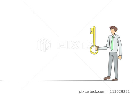 Single one line drawing businessman holding key. Important key to increasing profits has been secured. Ready to become important inheritance for relatives. Continuous line design graphic illustration 113629231
