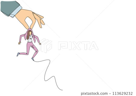 Single one line drawing big hand holding businesswoman. Workplace moving metaphor. Position transfer. Level up. Have bigger responsibilities. Successful. Continuous line design graphic illustration 113629232