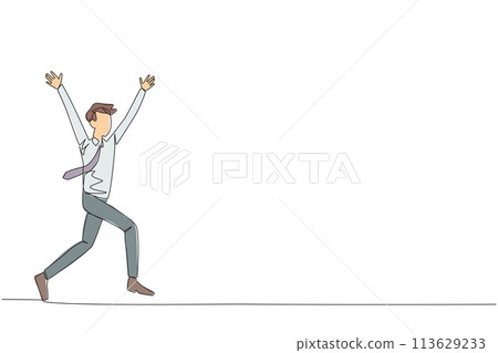 Continuous one line drawing young businessman running to celebrate the success of business. Like a football player who scores goal, he celebrates. Success. Single line draw design vector illustration 113629233