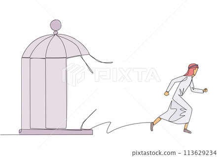 Single one line drawing Arabian businessman trapped in the cage running through the cage. Metaphor penetrates the maximum limit of self. Desire to succeed. Continuous line design graphic illustration 113629234