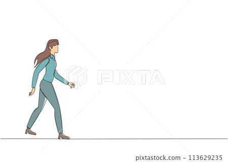 Single continuous line drawing young businesswoman walking to canteen to break and lunch. Taking time for a while to hone ideas back into brilliant ideas. Success. One line design vector illustration 113629235