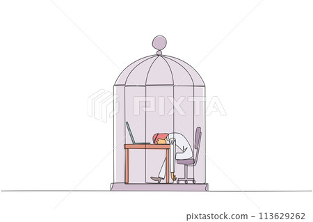 Single one line drawing Arabian businessman trapped in cage asleep on laptop. Tired of repetitive routines. The many deadlines require overtime every day. Continuous line design graphic illustration Single one line drawing Arabian businessman trapped in cage asleep on laptop. Tired of repetitive routines. The many deadlines require overtime every day. Continuous line design graphic illustration 113629262