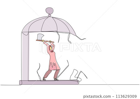 Single continuous line drawing Arabian businesswoman trapped in cage holding an axe and destroy the cage. Everything is done to be free. Rising anger. Disappointed. One line design vector illustration Single continuous line drawing Arabian businesswoman trapped in cage holding an axe and destroy the cage. Everything is done to be free. Rising anger. Disappointed. One line design vector illustration 113629309