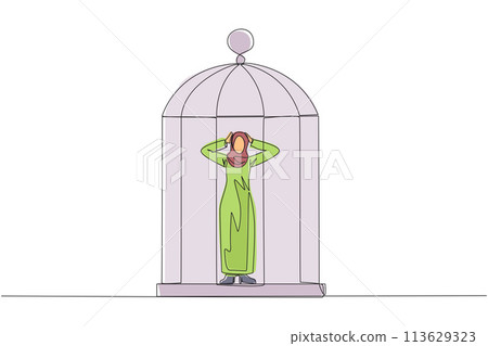 Continuous one line drawing Arab businesswoman trapped in cage standing frustrated holding head. Anxiety caused cannot move freely. Imprisoned. Can't work. Single line draw design vector illustration Continuous one line drawing Arab businesswoman trapped in cage standing frustrated holding head. Anxiety caused cannot move freely. Imprisoned. Can't work. Single line draw design vector illustration 113629323