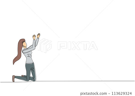 Single one line drawing businesswoman kneeling raising hands to pray. Praying to make it easier to do business. Businesswoman lost hope. Surrender. Sadness. Continuous line design graphic illustration Single one line drawing businesswoman kneeling raising hands to pray. Praying to make it easier to do business. Businesswoman lost hope. Surrender. Sadness. Continuous line design graphic illustration 113629324