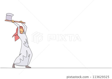 Continuous one line drawing Arabian businessman swinging an axe. Style like a lumberjack. Strong. Muscular. Powerful. Sports for physical health. Awareness. Single line draw design vector illustration Continuous one line drawing Arabian businessman swinging an axe. Style like a lumberjack. Strong. Muscular. Powerful. Sports for physical health. Awareness. Single line draw design vector illustration 113629325