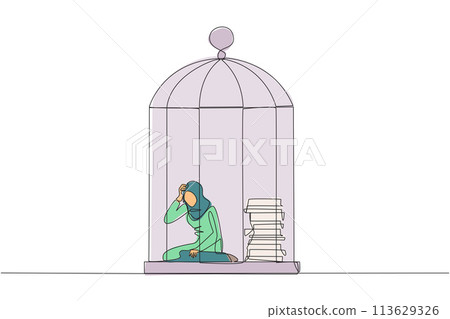Single one line drawing Arabian businesswoman trapped in cage sitting down frustrated. Stress with piling up unfinished work until close to deadline. Exhausted. Continuous line graphic illustration 113629326