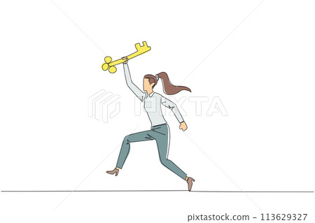 Continuous one line drawing businesswoman running holding key. Doing celebrate. Perform movements like a relay athlete. The secret key to business revival. Single line draw design vector illustration Continuous one line drawing businesswoman running holding key. Doing celebrate. Perform movements like a relay athlete. The secret key to business revival. Single line draw design vector illustration 113629327