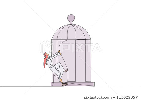 Single continuous line drawing Arabian businessman pull iron bars until dent. Describes anger. Businessman expressing disappointment. Unhappy feeling. Exasperated. One line design vector illustration 113629357