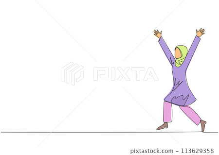 Continuous one line drawing Arabian businesswoman running to celebrate success of business. Like football player who scores goal, she celebrates. Success. Single line draw design vector illustration 113629358