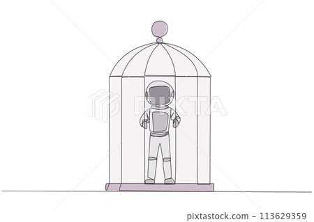 Continuous one line drawing unhappy astronaut trapped in cage standing hold the iron bars. Imprisoned body and mind. Limited opportunity. Feeling exhausted. Single line draw design vector illustration 113629359