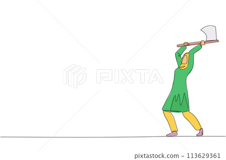 Single one line drawing Arabian businesswoman swinging an axe. Style like a lumberjack. Strong. Muscular. Powerful. Sports for physical health. Awareness. Continuous line design graphic illustration 113629361
