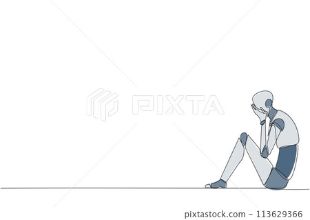 Continuous one line drawing smart robot sitting while covering face. Unhappy robotic bemoans the fate of business. Failure to develop business unit. Tech. Single line draw design vector illustration 113629366