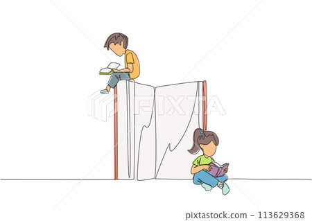 Continuous one line drawing children sit reading books while the big book is open. Serious and focus learning increases insight. Book festival concept. Single line draw design vector illustration 113629368
