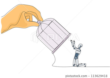 Single one line drawing big hand hold the cage catch kneeling robot. Entrepreneurs who surrender to the situation. Take responsibility for all errors. Tech. Continuous line design graphic illustration Single one line drawing big hand hold the cage catch kneeling robot. Entrepreneurs who surrender to the situation. Take responsibility for all errors. Tech. Continuous line design graphic illustration 113629418
