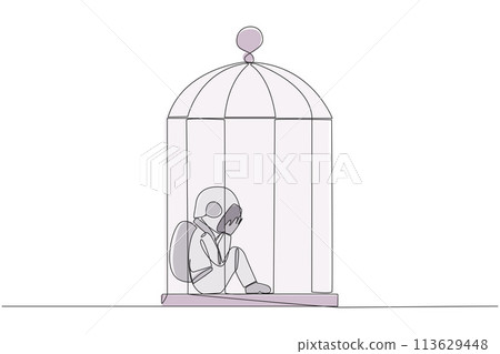 Single continuous line drawing young astronaut trapped in the cage sitting covering face. Feel utterly defeated. Trapped in a dirty business. Mentally tired. Lost. One line design vector illustration 113629448