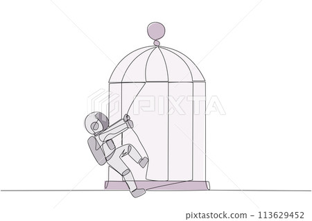 Single continuous line drawing young astronaut pull the iron bars until dented. Describes anger. The cosmonaut expressing disappointment. Unhappy. Exasperated. One line design vector illustration Single continuous line drawing young astronaut pull the iron bars until dented. Describes anger. The cosmonaut expressing disappointment. Unhappy. Exasperated. One line design vector illustration 113629452