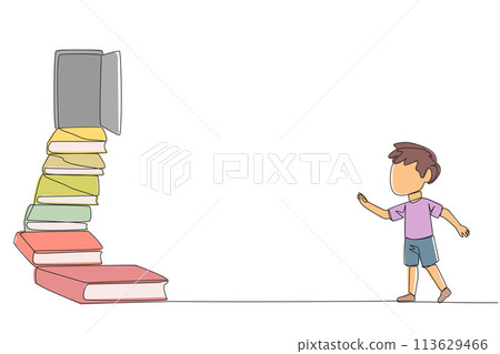 Continuous one line drawing boy climb the stairs from the book stack. Towards the wide open door. Metaphor of finding answers from books. Book festival. Single line draw design vector illustration Continuous one line drawing boy climb the stairs from the book stack. Towards the wide open door. Metaphor of finding answers from books. Book festival. Single line draw design vector illustration 113629466