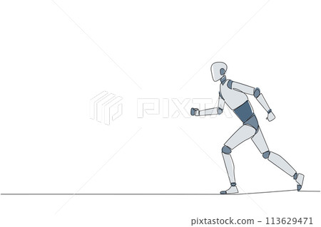 Single one line drawing smart robotic doing light exercise. Running aims to maintain heart health. The robot with healthy life style. Good mental. AI tech. Continuous line design graphic illustration 113629471