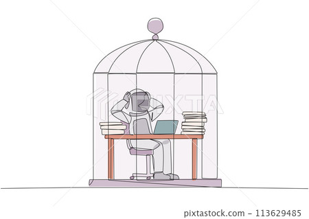 Continuous one line drawing astronaut trapped in cage sitting on office chair holding head. Being in routine trap. Tired and irritated with the daily grind. Single line draw design vector illustration 113629485