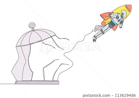 Single one line drawing robot flying with rocket and breaks the cage. Free from traps. Getting a booster to continue the business. Business soared. AI tech. Continuous line design graphic illustration Single one line drawing robot flying with rocket and breaks the cage. Free from traps. Getting a booster to continue the business. Business soared. AI tech. Continuous line design graphic illustration 113629486