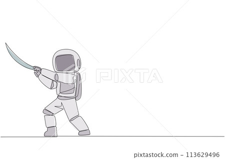 Single continuous line drawing astronaut holding samurai. Stylized like samurai athlete guarding business. Prepared to eliminate disrupt business growth. Spaceman. One line design vector illustration Single continuous line drawing astronaut holding samurai. Stylized like samurai athlete guarding business. Prepared to eliminate disrupt business growth. Spaceman. One line design vector illustration 113629496