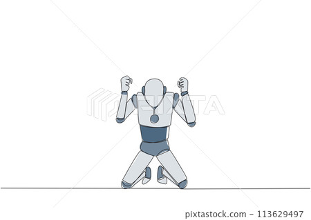 Continuous one line drawing smart robot kneeling like praying. Lost hope. Businesses will bankrupt if fail to get bona fide clients. Gesture of surrender. Single line draw design vector illustration Continuous one line drawing smart robot kneeling like praying. Lost hope. Businesses will bankrupt if fail to get bona fide clients. Gesture of surrender. Single line draw design vector illustration 113629497