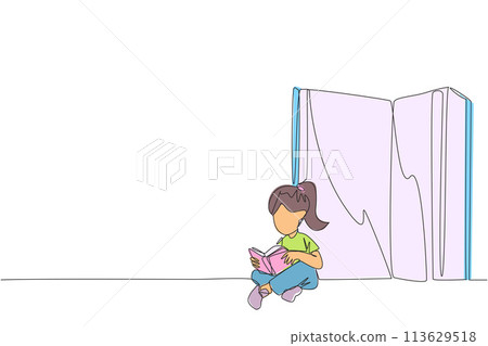 Single continuous line drawing happy girl sitting in front of a big open book reading a book. Serious and focus learning increases insight. Book festival concept. One line design vector illustration 113629518