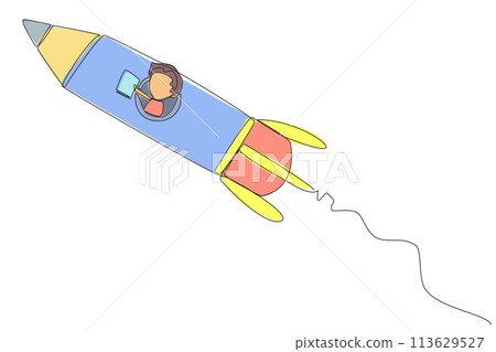 Continuous one line drawing boy flying on a rocket reading a book. Always reading books anywhere. The book inspires to become a scientist. Book festival. Single line draw design vector illustration 113629527