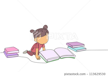 Single one line drawing girls reading books happily. Good reading interest. Really enjoy reading story books. Reading everywhere. Book festival concept. Continuous line design graphic illustration 113629530