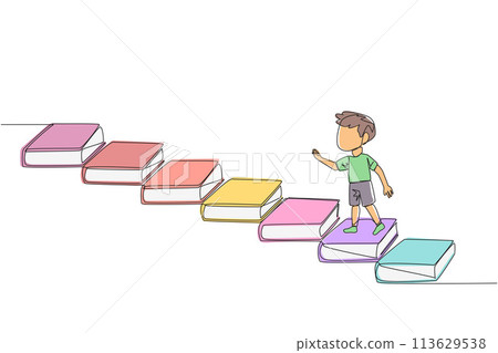 Continuous one line drawing boy climb stairs from books. Reading increases knowledge which can increase the dignity of a better life. Book festival concept. Single line draw design vector illustration Continuous one line drawing boy climb stairs from books. Reading increases knowledge which can increase the dignity of a better life. Book festival concept. Single line draw design vector illustration 113629538