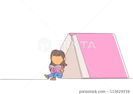 Continuous one line drawing girl sitting in front of a large tent-shaped book. Reading the adventure fiction books in the wild. Addicted to reading. Book fest. Single line design vector illustration Continuous one line drawing girl sitting in front of a large tent-shaped book. Reading the adventure fiction books in the wild. Addicted to reading. Book fest. Single line design vector illustration 113629556