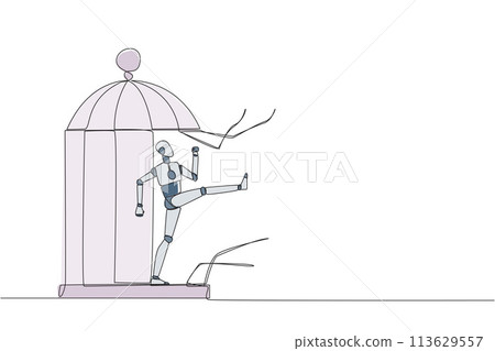 Single one line drawing robot trapped in the cage kick the caged until wrecked. Freedom of expression for the smooth running of business. Distractions. Continuous line design graphic illustration Single one line drawing robot trapped in the cage kick the caged until wrecked. Freedom of expression for the smooth running of business. Distractions. Continuous line design graphic illustration 113629557