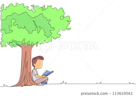 Single continuous line drawing boy sitting reading a book under shady tree. Continuing the second volume of the fiction story book. Enjoy reading. Book festival. One line design vector illustration 113629561