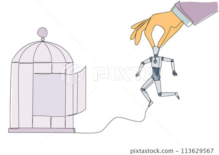 Continuous one line drawing big hands holding robot and want put in a cage. Trapping roughly. Beating a business opponent by cheating. Unfair business. Single line draw design vector illustration Continuous one line drawing big hands holding robot and want put in a cage. Trapping roughly. Beating a business opponent by cheating. Unfair business. Single line draw design vector illustration 113629567