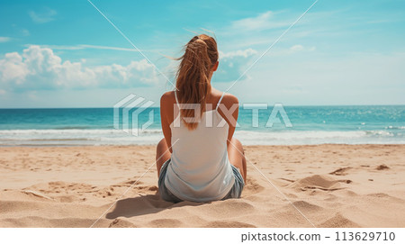 坐在海灘上的年輕女子的後視圖 坐在海灘上的年輕女子的後視圖 113629710