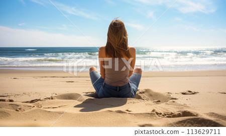 坐在海灘上的年輕女子的後視圖 113629711