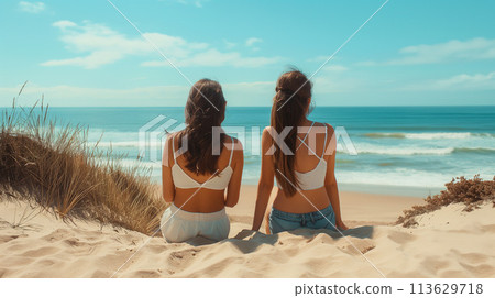 一張明亮而美麗的後視照片，兩個年輕女子坐在沙灘上望向大海 113629718