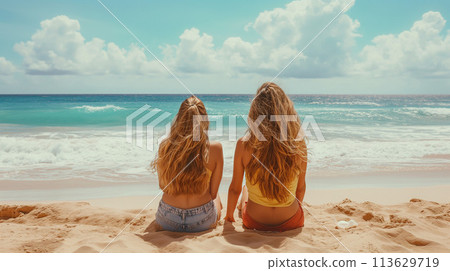 一張明亮而美麗的後視照片，兩個年輕女子坐在沙灘上望向大海 113629719