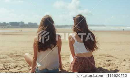 一張明亮而美麗的後視照片，兩個年輕女子坐在沙灘上望向大海 113629720