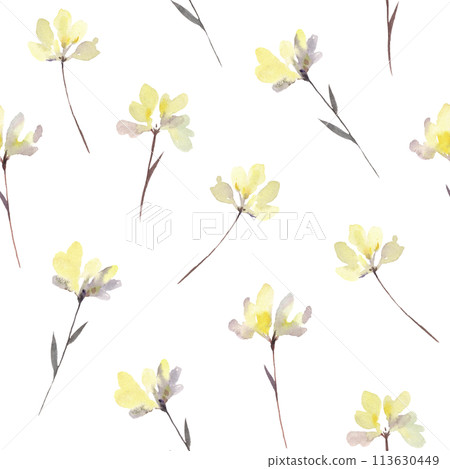 Modern watercolor seamless pattern with cute simple yellow flowers. Hand-drawn artistic illustration. Modern watercolor seamless pattern with cute simple yellow flowers. Hand-drawn artistic illustration. 113630449
