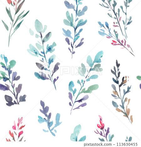 Modern watercolor seamless pattern with cute simple abstract branches. Hand-drawn artistic illustration. 113630455