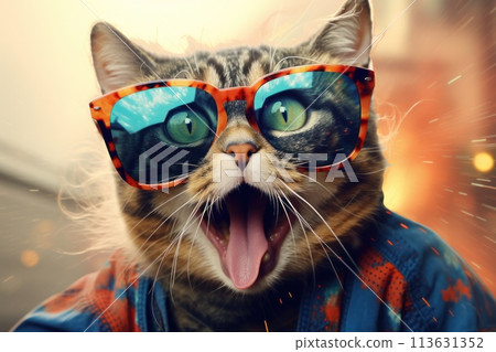 Meme art concept with cat wearing sunglasses and cardigan Meme art concept with cat wearing sunglasses and cardigan 113631352