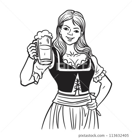Vector cute  pretty waitress with a mug of beer. 113632405