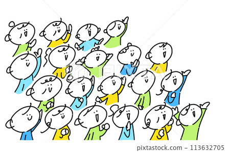 男女老少，仰望遠方，微笑欣喜，簡單可愛的白描插畫 113632705