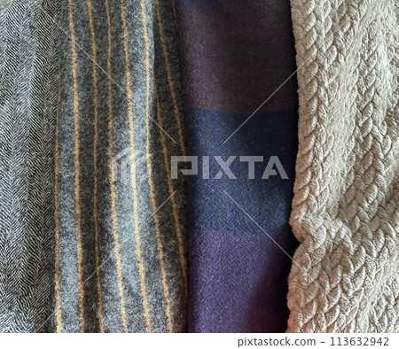 Close up detail of multi color fabric texture samples. Fabric background. 113632942